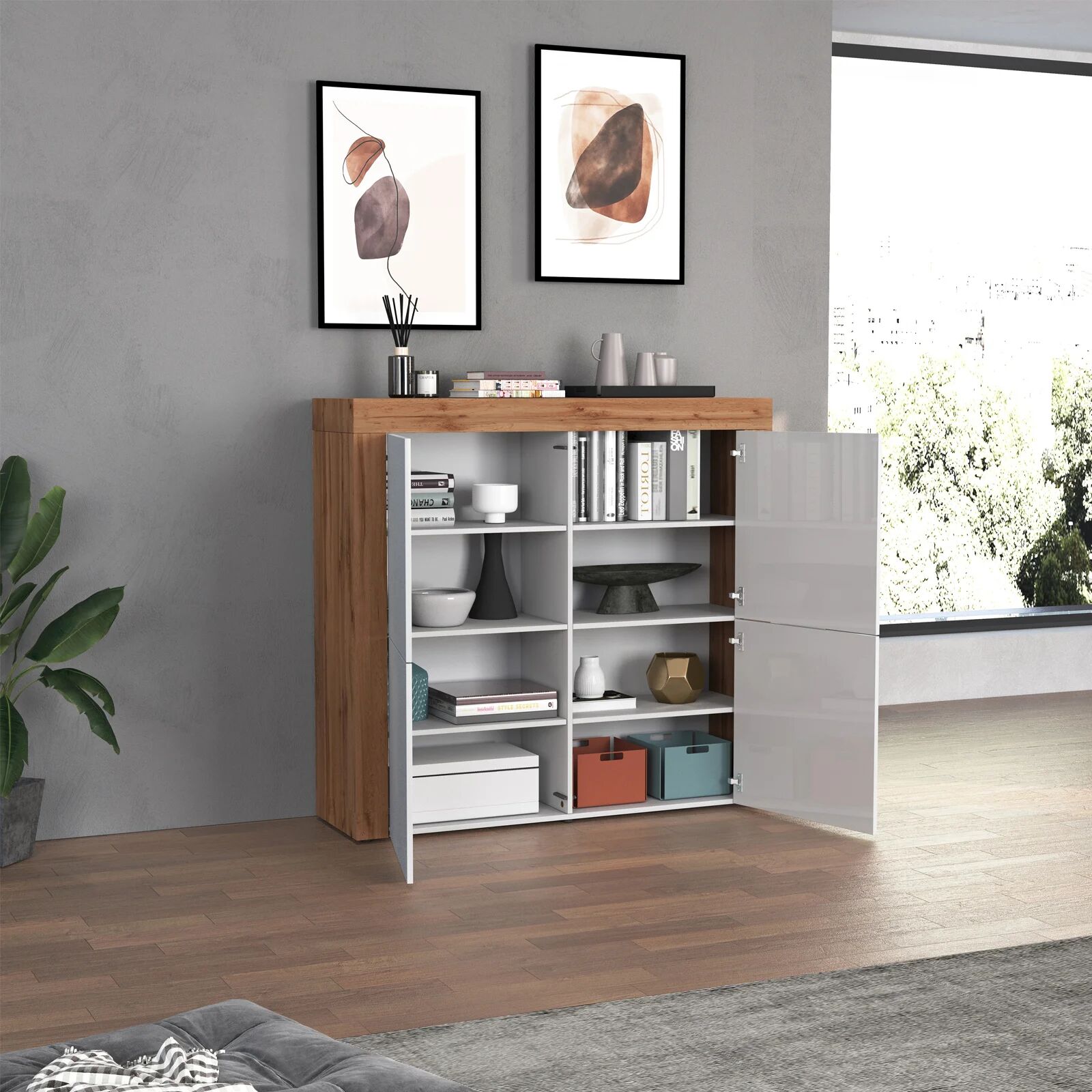 garneroarredamenti Madia alta moderna 140x130h cm bianco lucido rovere Block