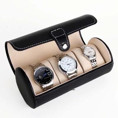 Inspired Deals Luxury Travel Watch Case For 3 Watches Portable Watch Storage Organizer With Protective PU Leather Shell black