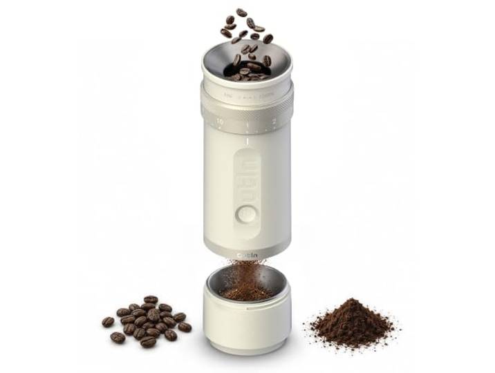 OutIn Fino Elektrische Kaffeemühle mit Kegelmahlwerk, Sandstone White 28 Mahlstufen, 7-Stern-Edelstahlkonus, Ein-Knopf-Bedienung und USB-C-Schnellladung für Espresso und Filterkaffee