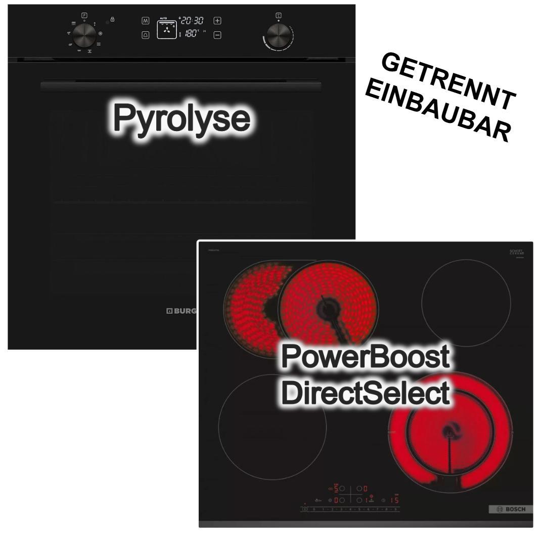 Herdset 78L Pyrolyse Backofen visioTouch von Burg + Bosch Elektrokochfeld PowerBoost Bräterzone