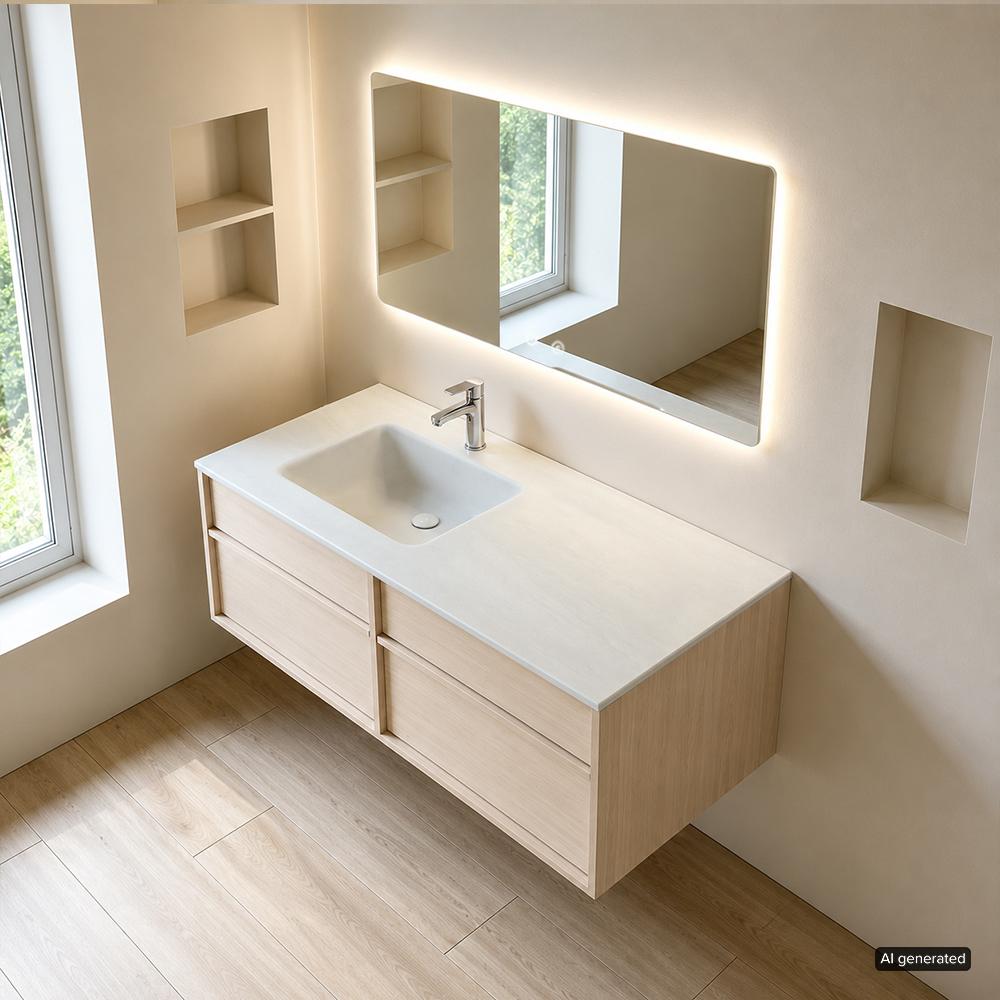 Waschtisch Set, Badmöbel-Set mit Sinterstein-Waschbecken, wandhängendem Waschtischunterschrank, Spiegel, modernes Badezimmermöbel 120×55cm[RW849-120K]