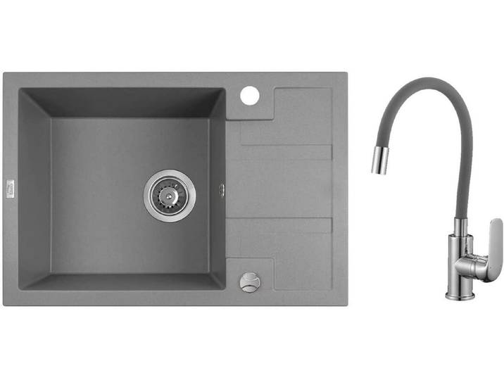 KOLMAN Küchenspüle Elza Set Granitspüle und Spültischarmatur, Rechteckig, 44/65 cm, Grau, Space Saving Siphon GRATIS