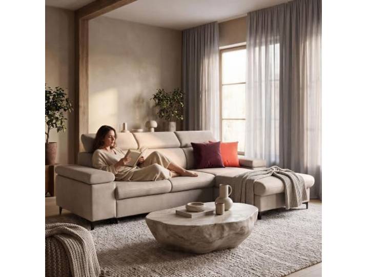 Muffo Ecksofa mit Schlaffunktion und Bettkasten Rechts Beige freistehendes Sofa verstellbare Armlehnen Schlafsofa MAVIC L Stauraum Ecksofa verstellbare Kopfstützen