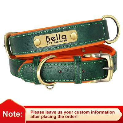 Customized PU Leather Nameplate Dog Collar Padded Comfort With Free Engraving green s