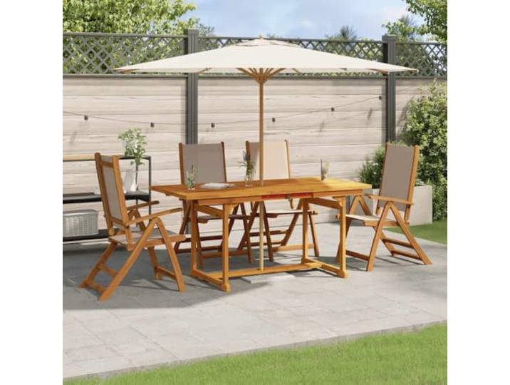 HEFZGDB 5-TLG. Garten-Essgruppe aus Massivholz Akazie und Textilene, Klappbarer Gartentisch mit Sonnenschirmhalterung und Ausziehbarer Tischplatte, Verstellbare Outdoor-Stühle
