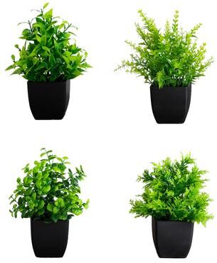 Nearly Natural 7-in Artificial Mixed Topiary Plant in Black Square Pot - Set of 4