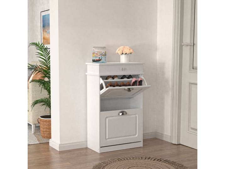 Meuble Chaussures, Meuble de Rangement à Chaussures, Commode à Chaussures, Meuble d'entrée Rangement pour Chaussures, Avec Tiroir, 52 x 33 x 82 cm, Blanc/Noir/Gris