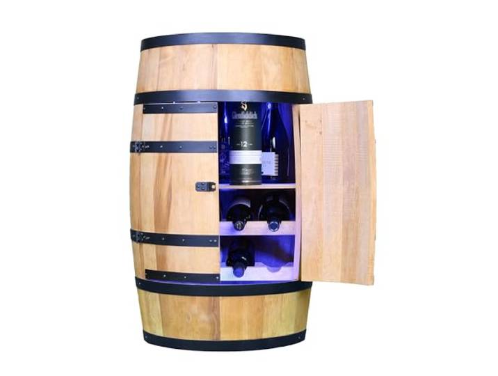 CREATIVE COOPER Weinregal Holz mit Tür mit LED RGB - Weinliegen und Regal - Alkoholschrank Flaschenregal - Holzfass - Fassmöbel - Weinfass - Weinbar - Fass bar mit Tür - 80 cm Eiche