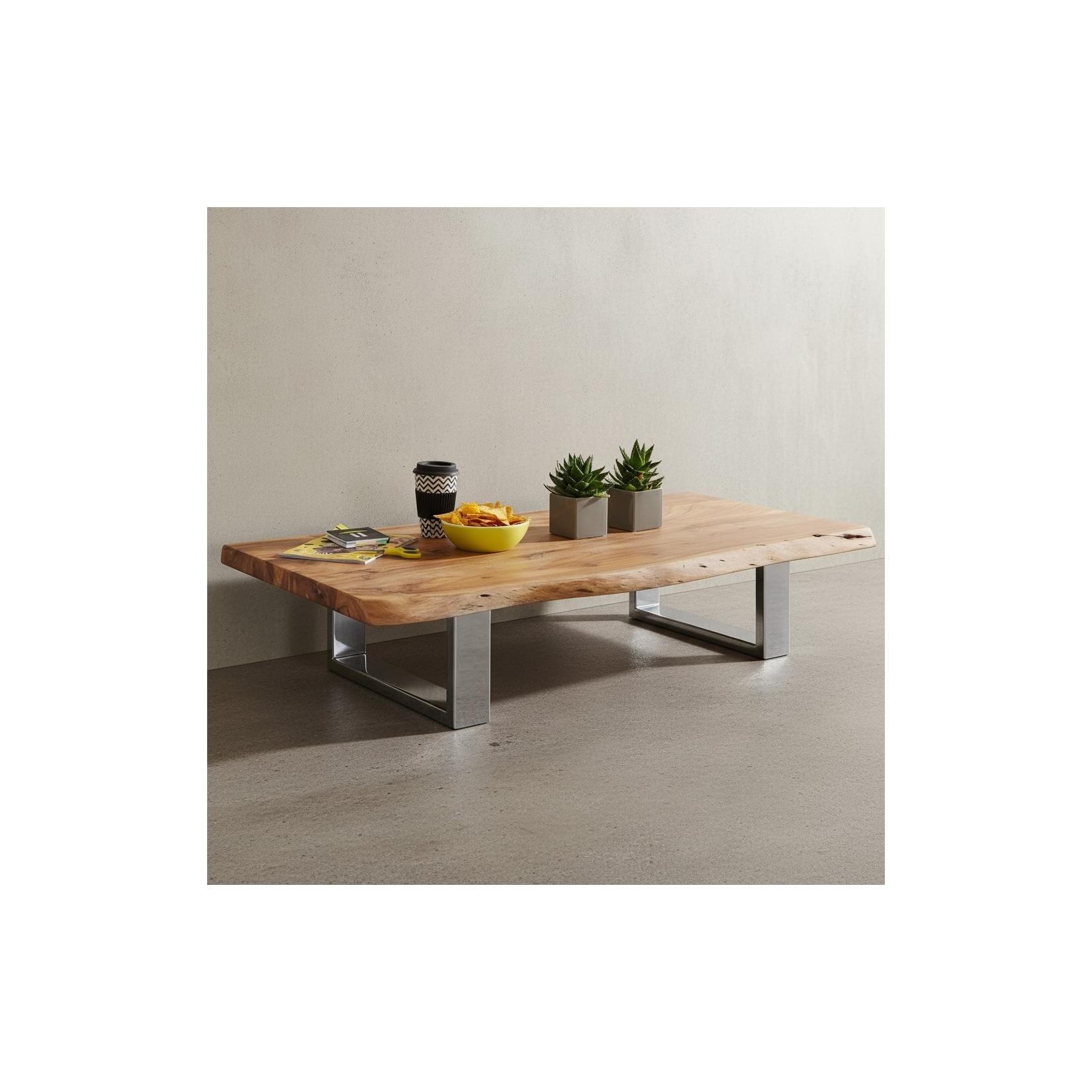 KADIMA DESIGN Massiver Akazienholz Couchtisch mit Baumkanten, Landhausstil, stabile Metallbeine