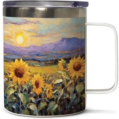 Highland Home Field Of Sunflowers Double Wall Stainless Steel Mug with Lid 12 oz. Manufactured in the USA