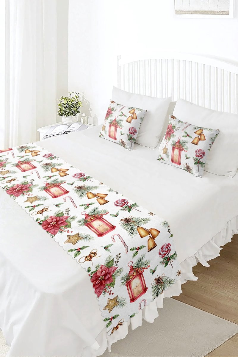 Bedloper en kussenhoes set met kerstprint in bedrukte velvet textiel