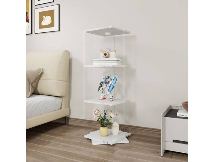 Vitrine Blanc 38x38x121 cm SORVAGLOS Vitrine de salon Meuble Rangement Éclairage LED Réglable Vitrine Verre Rotative 360° Moderne
