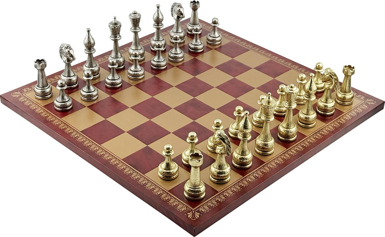 s Italfama-Schachspiel - Figuren Aus Metall Mit Arabeskenmuster + Brett Aus Gold- Und Burgunderfarbenem