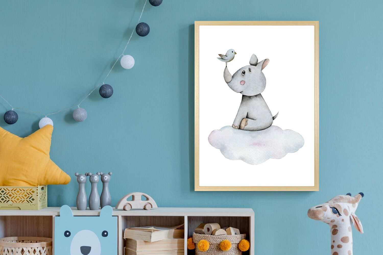 Bild mit Rahmen QUEENCE "Nashorn mit Vogel auf Wolke", blau (farbe rahmen: natur, braun, beige, farbe bild(er): blau), B:30cm H:40cm T:1,5cm, Holz, Plexiglas, Bilder, Bild mit Rahmen, HD Premium Posterdruck mit Echtholzrahmen farbe rahmen: natur, braun, b