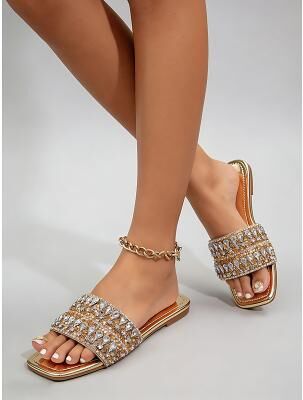 LightInthebox Women's Black Beaded Flat Slide Sandals - Elegant Resort Evening Shoes for Vacation Dinners