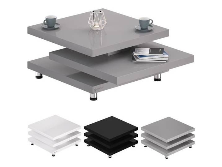 CASARIA® Table basse gris laqué Table de salon modulable Table basse carrée moderne 72x72cm avec plateaux rotatifs