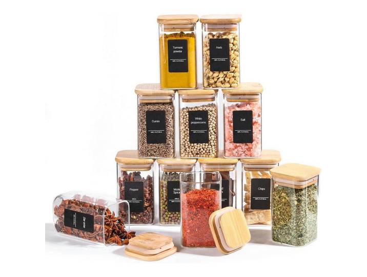 Gewürzgläser 12-teiliges Set 240 ml Glas mit Holzdeckel, Mehrfarbig, 6x10.6x6 cm, Küchenzubehör, Vorratsbehälter, Gewürzgläser