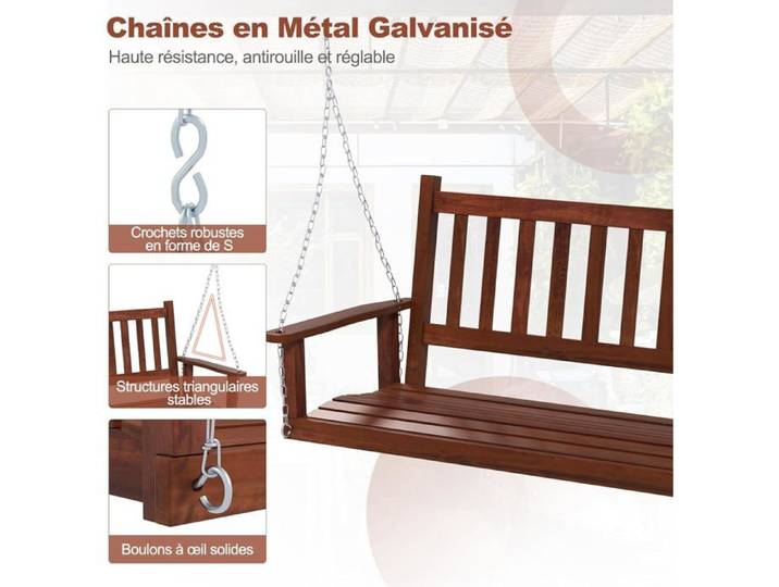 GIANTEX Balancelle Jardin 3 Places Charge 360KG-Chaise Hamac Suspnedue 168x65x63CM avec Chaînes de Suspension Ajustables Marron