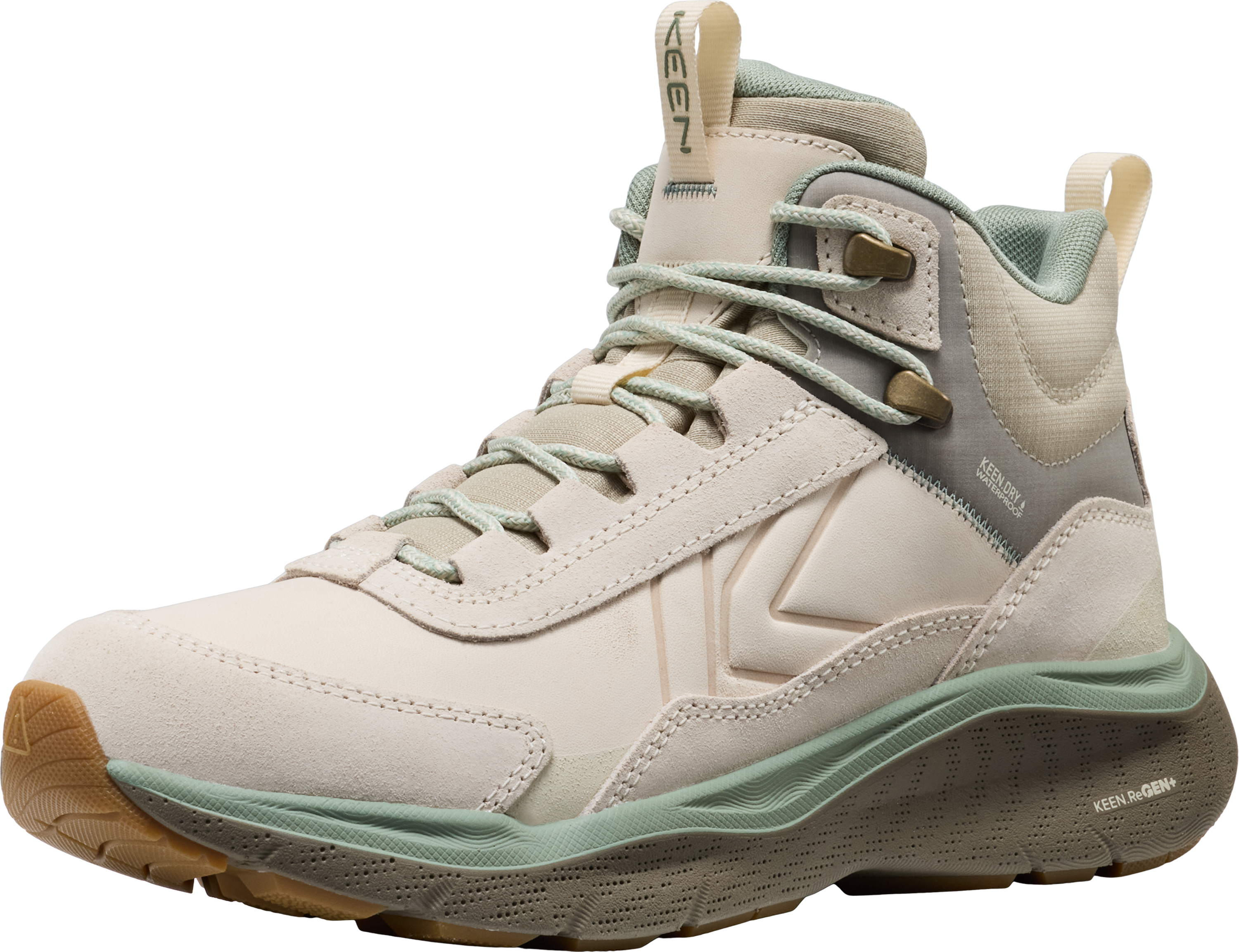 Outdoorschuh KEEN "LEIKI LEATHER MID WP", Damen, Gr. 40, Textil, beige (birch, lily pad), Leder, Schuhe Outdoorschuh, Wanderschuh aus wasserdichtem Premium Leder, atmungsaktiv birch, lily pad 40, Textil