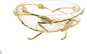 Classic Touch Glass Salad Bowl with Gold Brass Leaf Decoration Base