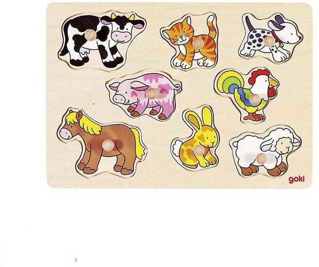 Puzzle à boutons en bois animaux de la ferme 8 éléments - Goki