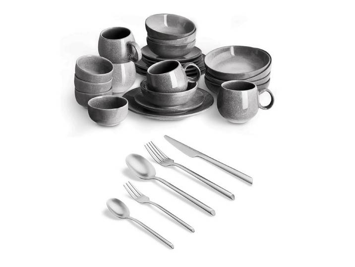 Springlane Geschirr-Set SPRINGLANE Geschirrset Misty Cliff 24-tlg. inkl. Besteck Set 20-tlg. (24-tlg), 4 Personen, Steingut (Geschirr), Edelstahl (Besteck), spülmaschinenfest