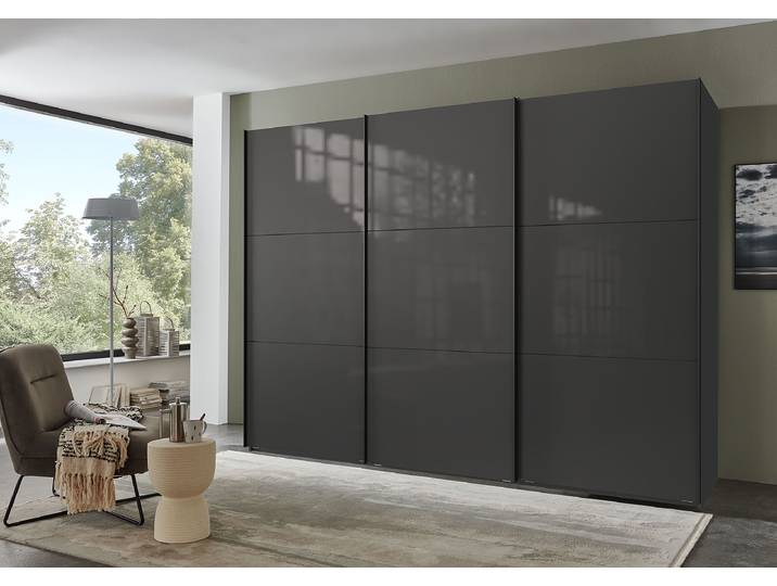 Schwebetürenschrank Indiana - Glasfront 300cm Schwarz/Grau/Graphit ohne Spiegeltür/-en