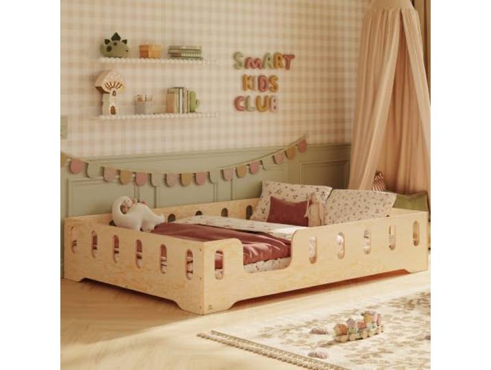 smartwood Bodenbett 120x200 cm mit Rausfallschutz, Holz, TILA 2L Montessori Kinderbett, Lattenrost belastbar bis 300 kg, FSC-Zertifikat, abgerundete Kanten, Einfache Montage, ab 3 Jahren
