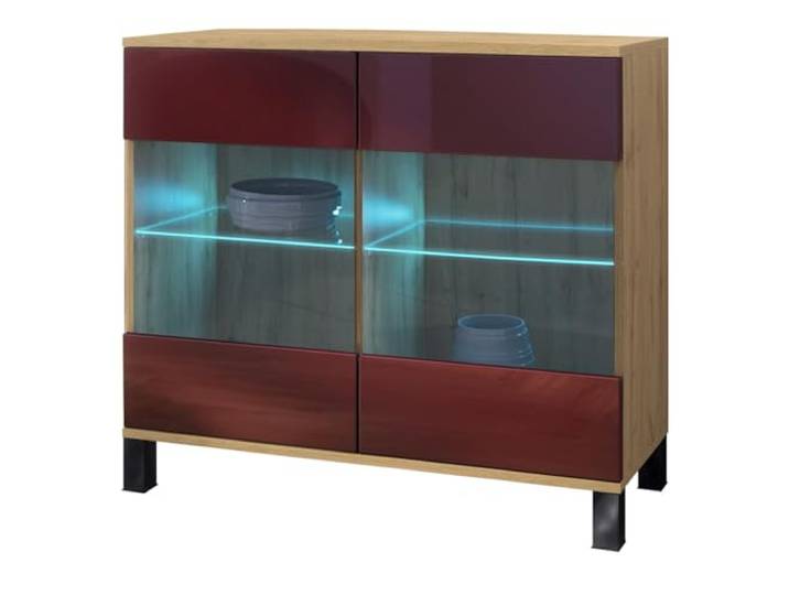 Vladon Kommode Bari V3, Moderner Küchenschrank mit 2 großen Glastüren inkl. RGB Beleuchtung Eiche Evoke/Bordeaux Hochglanz (92,5 x 84.5 x 35)