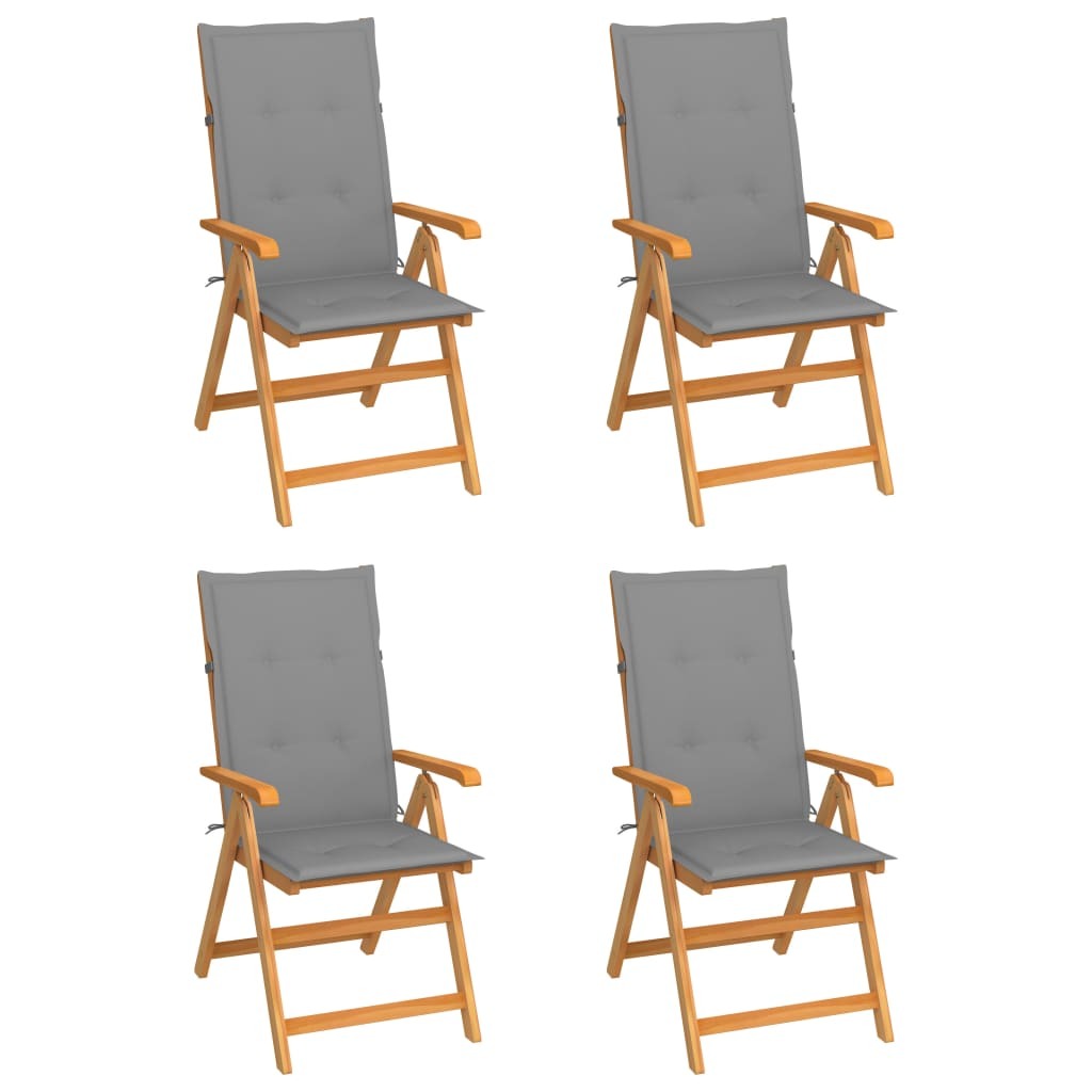 Klappstühle, 4er-Set mit grauen Kissen, aus massivem Teakholz