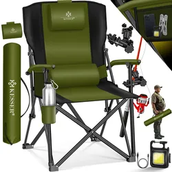KESSER® Campingstuhl faltbar bis 160 kg   Angelstuhl Faltstuhl Klappstuhl Gepolstert mit Armlehnen   Campinglicht und Getränkehalter + Tasche mit hoher Rückenlehne   Strandstuhl mit Angelhalterung