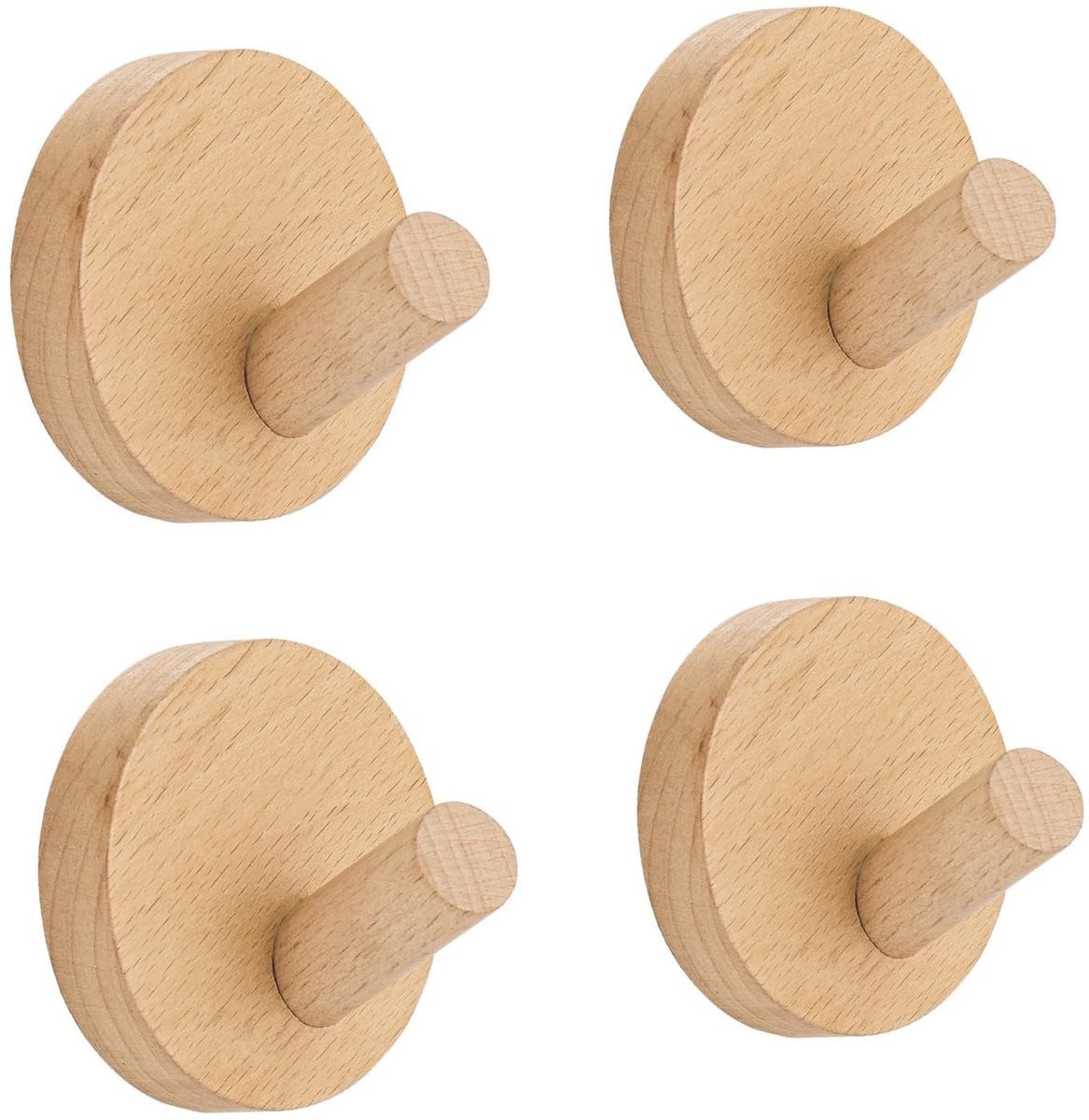 Dailygoods Wandhaken 4 Stuks - Ronde Beukenhouten Kledinghaken - Zelfklevend