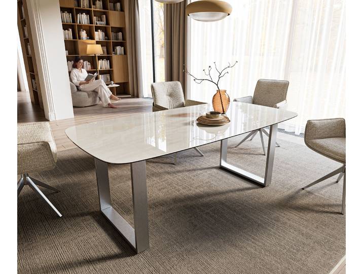 DELIFE Esstisch Edge Boot 200x100 cm Keramik Onyx Champagne Edelstahl Breit, Esstische