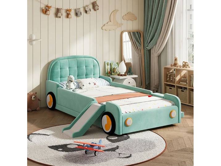 Lit enfant voiture bleu-vert 218 5 x 197 x 86 cm toboggan et escalier rembourré montage gauche/droite