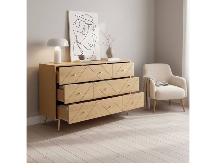 Commode - Novélys - 120cm - 9 Tiroirs avec Motifs Géométriques - Style Scandinave - Bois Clair & Pieds en Métal Noir