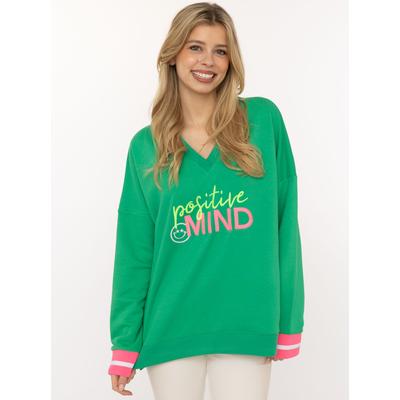 Hoodie ZWILLINGSHERZ "Positive Mind", Damen, Gr. S/M, grün, Sweatware, Obermaterial: 50% Baumwolle, 50% Polyester, bequem hüftlang, V-Ausschnitt, Sweatshirts Hoodie, neonfarbenen Bündchen, V-Ausschnitt, Seitenschlitze, Langarm