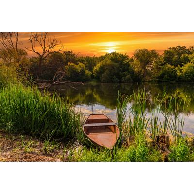 Fototapete PAPERMOON "STRAND-SEE BOOT WALD SONNENUNTERGANG BÄUME FLUSS IDYLLE", bunt, B:3m L:2,23m, Vlies, Tapeten