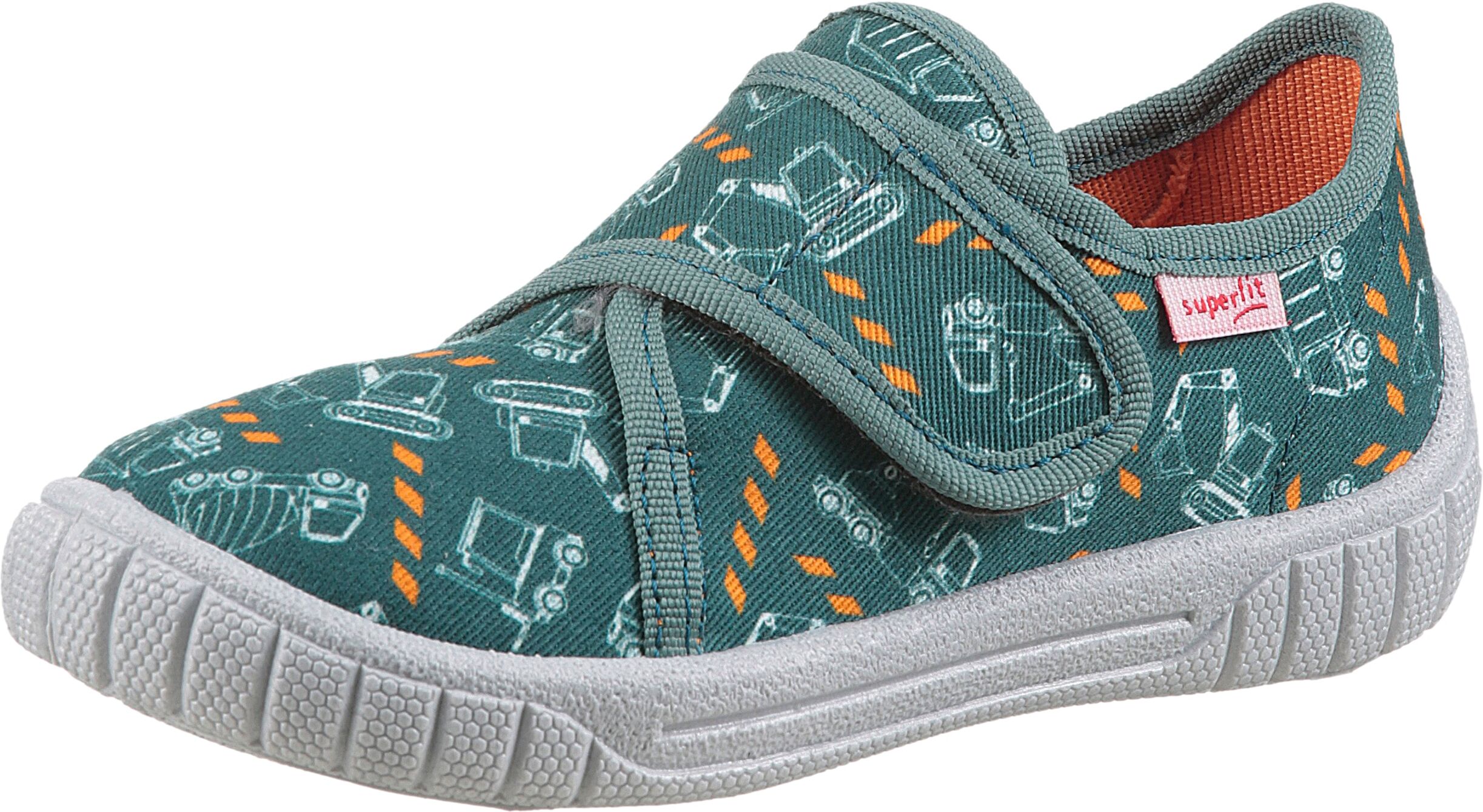 Hausschuh SUPERFIT "BILL, WMS: mittel", Jungen, Gr. 32, bunt (olivgrün, orange), Textil, Schuhe Hausschuh, Kinderschuh mit Klettverschluss, Grössenschablone zum Download olivgrün, orange 32