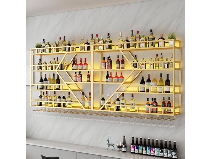 amhricho Metall Weinregal zur Wandmontage, Modernes Weinlagerregal zur Wandmontage mit Weinglashalter, Spirituosenregal, Barregale für Spirituosenflaschen (4-Gold, 240 * 20 * 123CM)