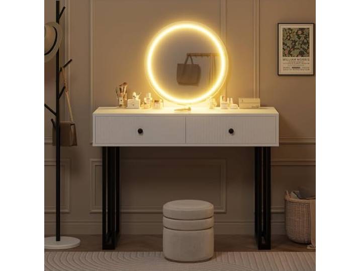 GarveeMore Moderner Schminktisch mit Spiegel und LED-Beleuchtung – 3 Lichtfarben & dimmbar – 2 Schubladen – Kompakt für Schlafzimmer –Weiß