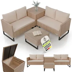 Juskys Polyrattan Lounge Santorini - Outdoor Sitzecke mit Beistelltisch & Auflagenbox - Creme