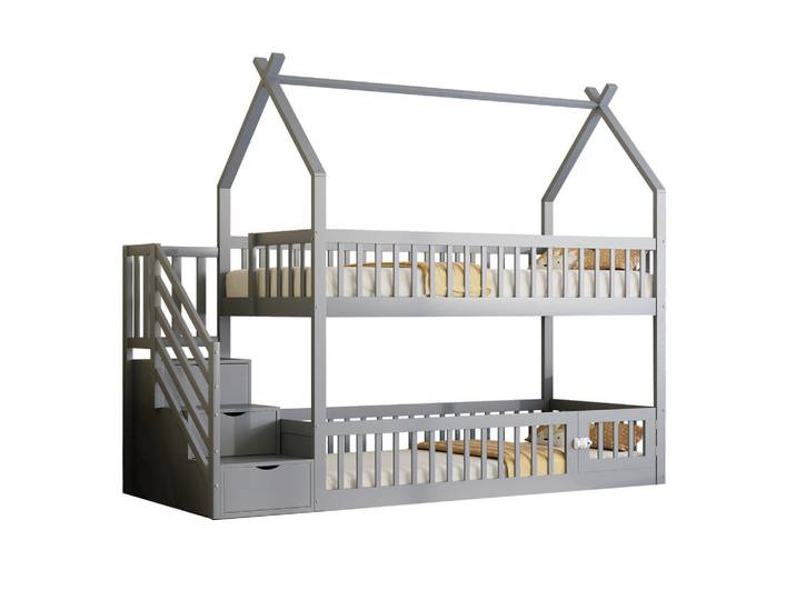 Redom Etagenbett 90/200 cm mit Dach, Sicherheitstreppe und Schubladen, Grau, 90x200 cm, Babymöbel & Kindermöbel, Kinderzimmer & Jugendzimmer, Stockbetten
