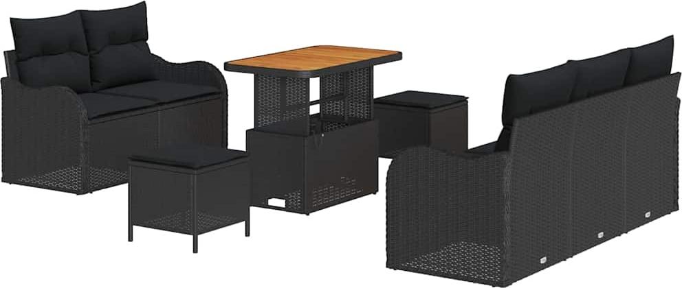 Gartenmöbel-Set, modular mit höhenverstellbarem Tisch, 8-teilig, für 7 Personen, Poly-Rattan & Akazienholz, UV-beständig, wetterfest, Schwarz