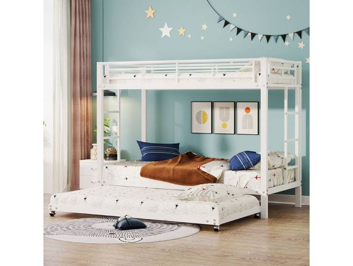 Lit superposé 90x200cm - Fer - Blanc - Garde-corps haut - Lit gigogne - Style industriel