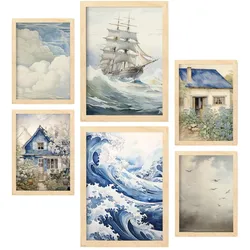 POSTER Set Mit 6 Seehaus A3 & A4 Rahmen Aus Hellem Holz