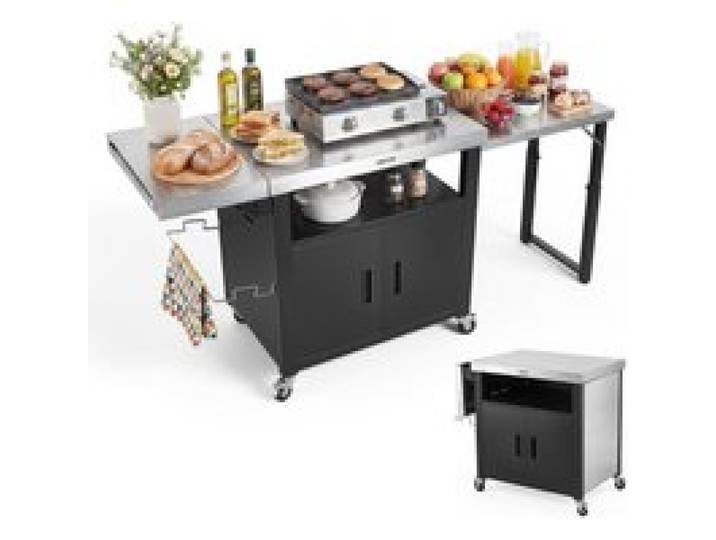 VEVOR Desserte Plancha Extérieure 190 cm Chariot de Barbecue avec Placard, Pour Jardin Terrasse Cuisine en Plein air, Plan de Travail Mobile pour Extérieur en Inox avec Plateau Coulissant et Roues