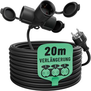 Greate Verlängerungskabel für außen IP44, Schutzkontakt, Kabeltyp H05RR-F aus Gummi, schwarz, 20 m