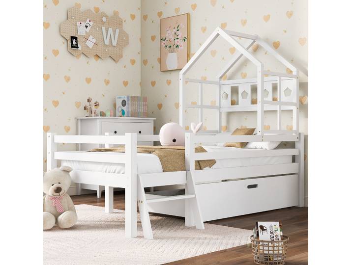 Lit Mezzanine 90 X 200 Cm Lit Cabane Enfant En Bois Avec Échelle Et Tiroir\, Sommier À Lattes\, Blanc