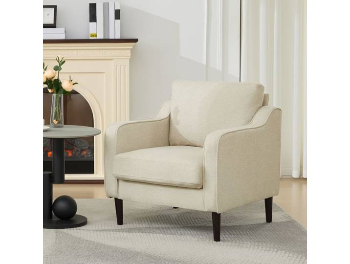 Fauteuil Confort – Dossier Haut Rembourré Assise Mousse Haute Densité Pieds Bois Ajustables Capacité 136kg Crème cassée
