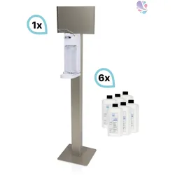 SET: Armhebelspender Blanc UNIVERSAL + Bodenständer Edelstahl mit Infotafel + Händedesinfektion 6 Flaschen à 500 ml